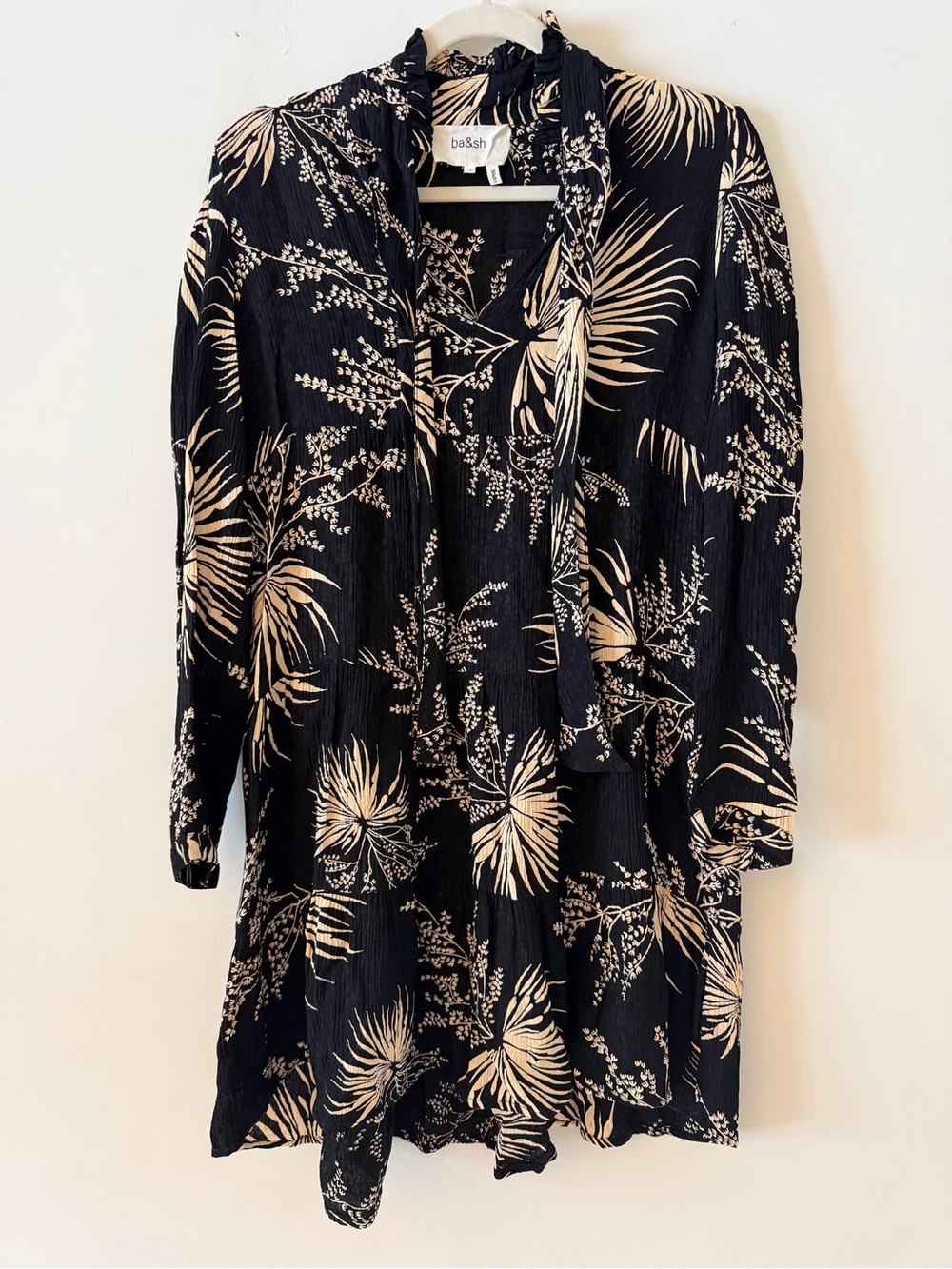 ba&sh Black and Cream Floral Tie-Neck Tunic